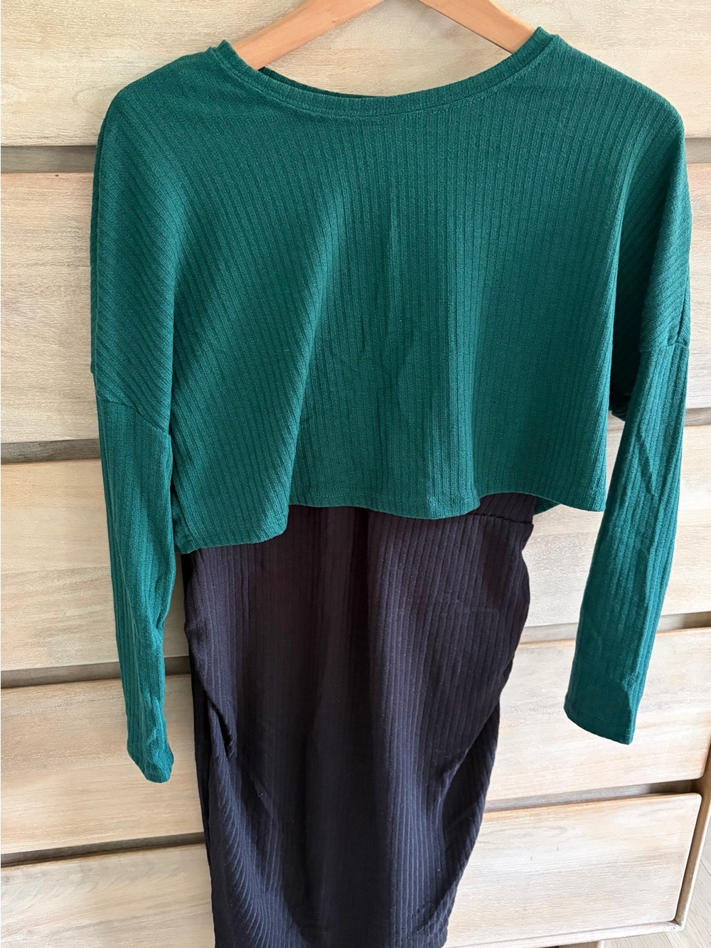 SHEIN Green Ribbed Knit Top Over Black Layered Dress